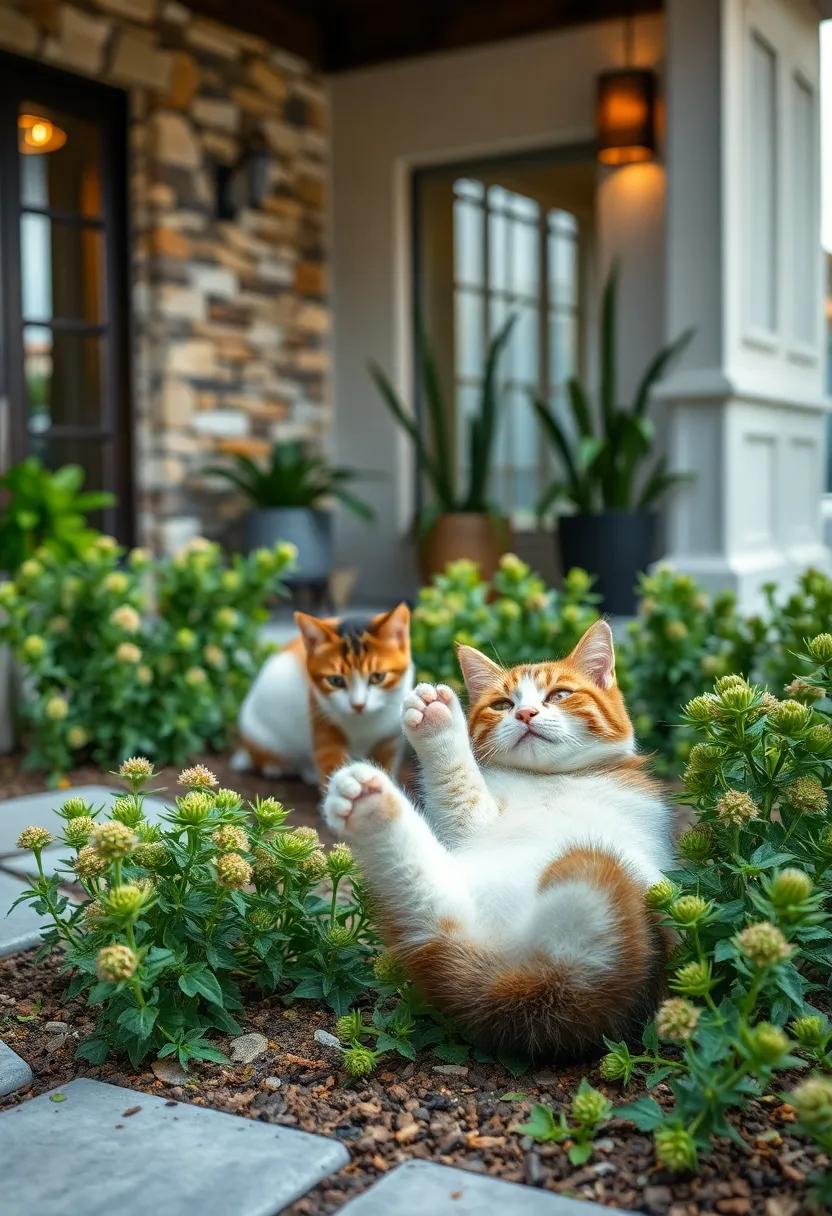 Close-Up of Playful Cats Rolling and Grooming Among Thriving Catnip Clusters