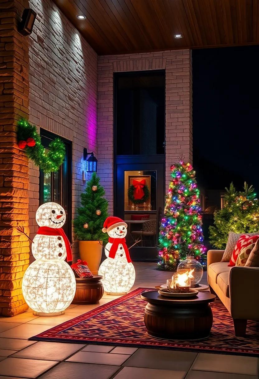 Whimsical Lighted Snowmen Families in Mid-Convo, Enhanced by Multicolor Spotlights and Garland