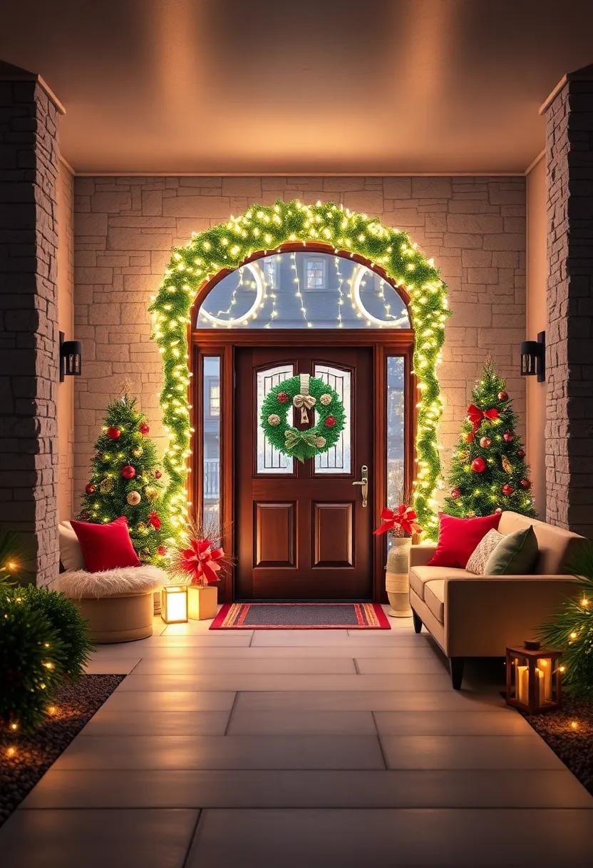 Bright Neon Candy Wreath Framing a Front Door Wrapped in Cascading Warm White Fairy Lights