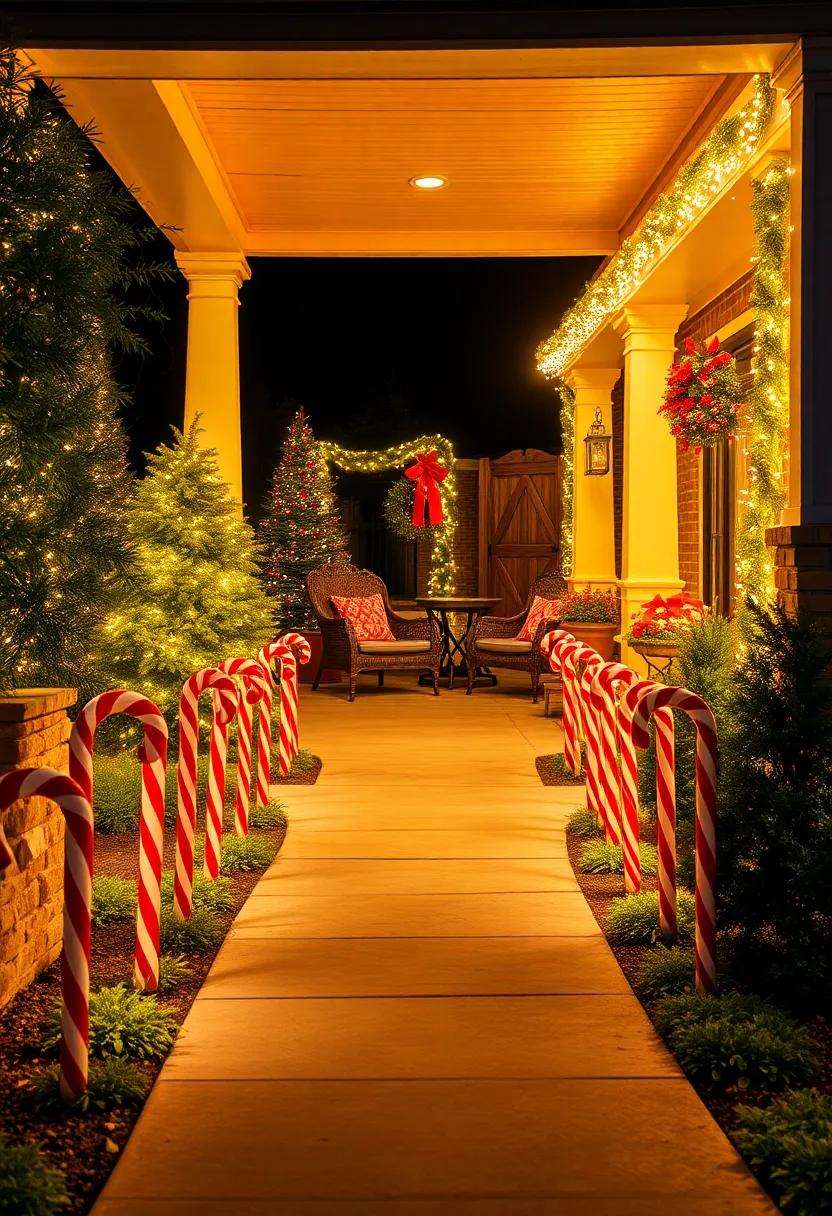 Colorful Candy Cane Stakes Lining a Curved Walkway Leading to a Cozy, Light-Strung Porch