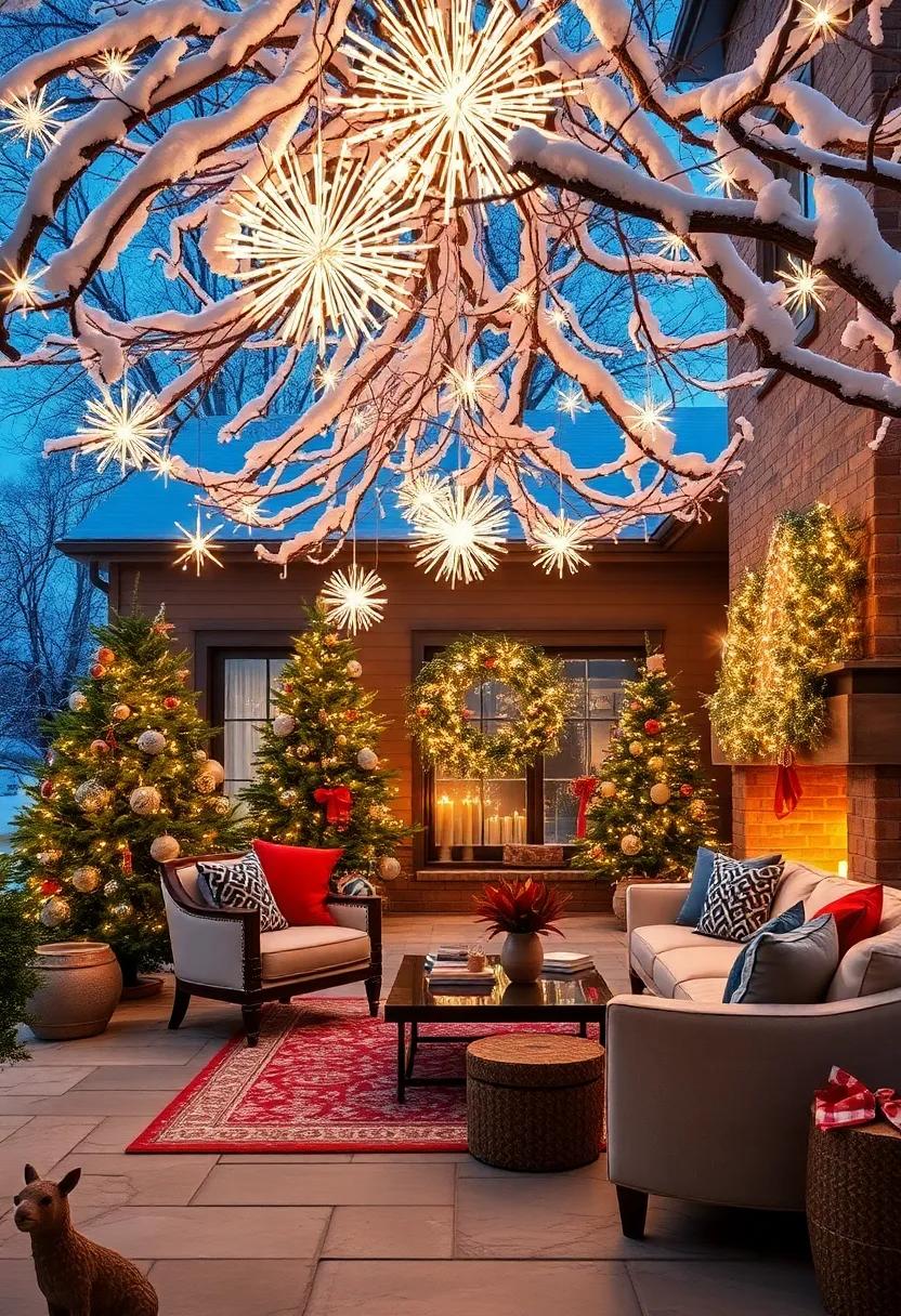 Glowing Starbursts Hanging from Tree Branches Like Frozen Fireworks Against Snowy Branches