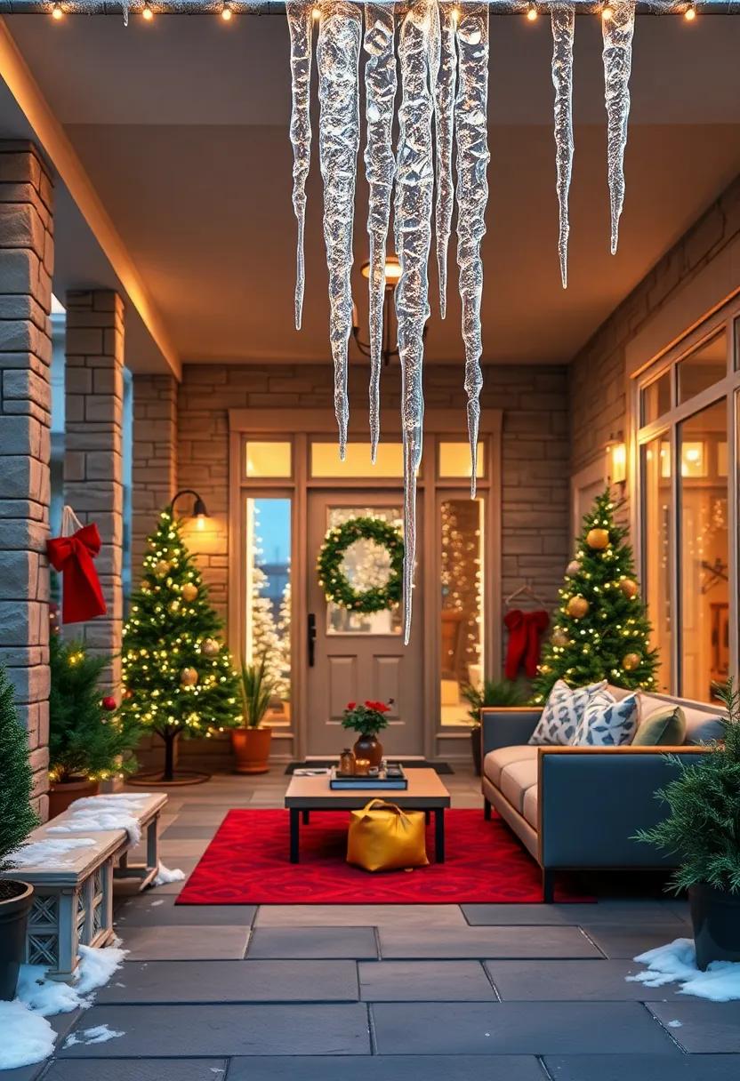 Sparkling Crystal Icicles Hanging From the Roofline, Catching the Freeze and Light of Evening