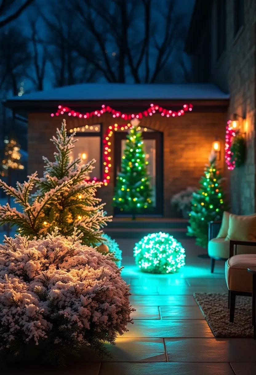 Mystical Light Wisps Surrounding Glittering Snow-Covered Bushes in Subtle Neon Hues