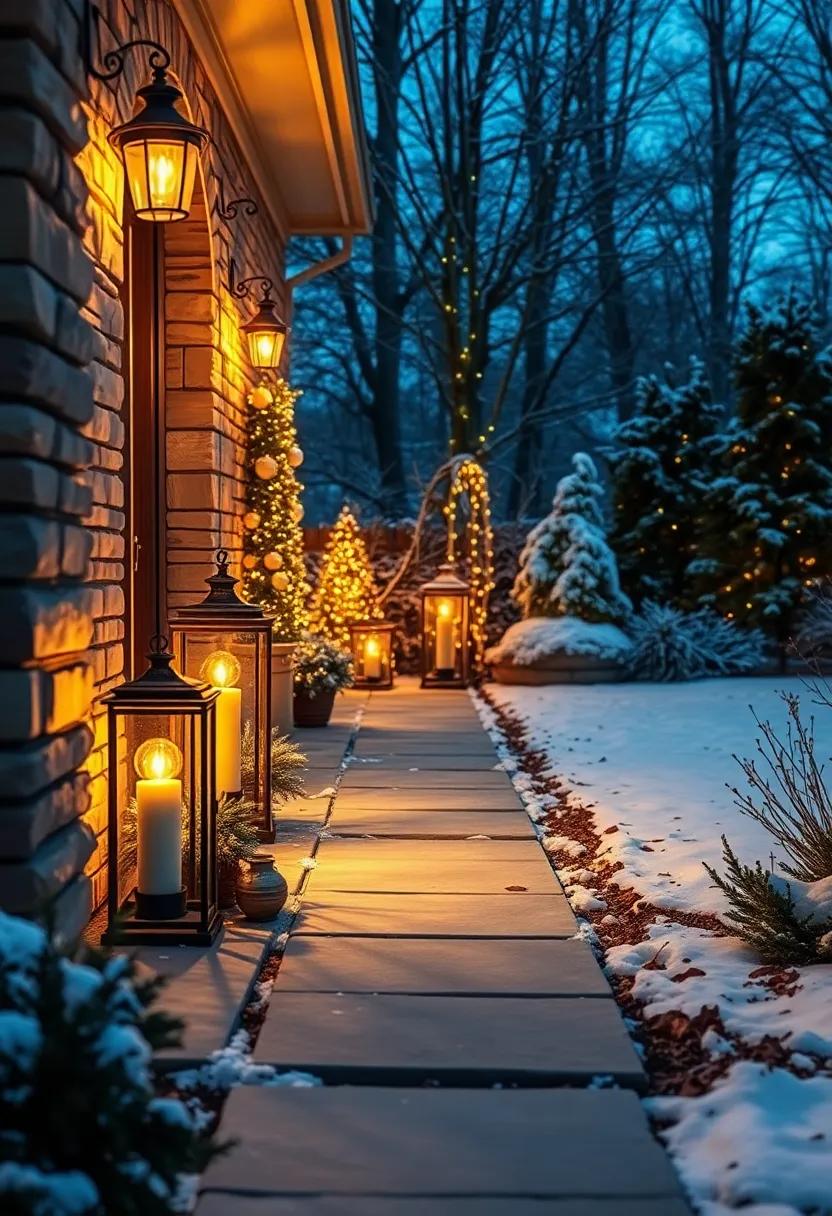 Vintage-Inspired Lanterns Casting Warm Golden Light Along a Snow-Dusted Pathway in Front Yard