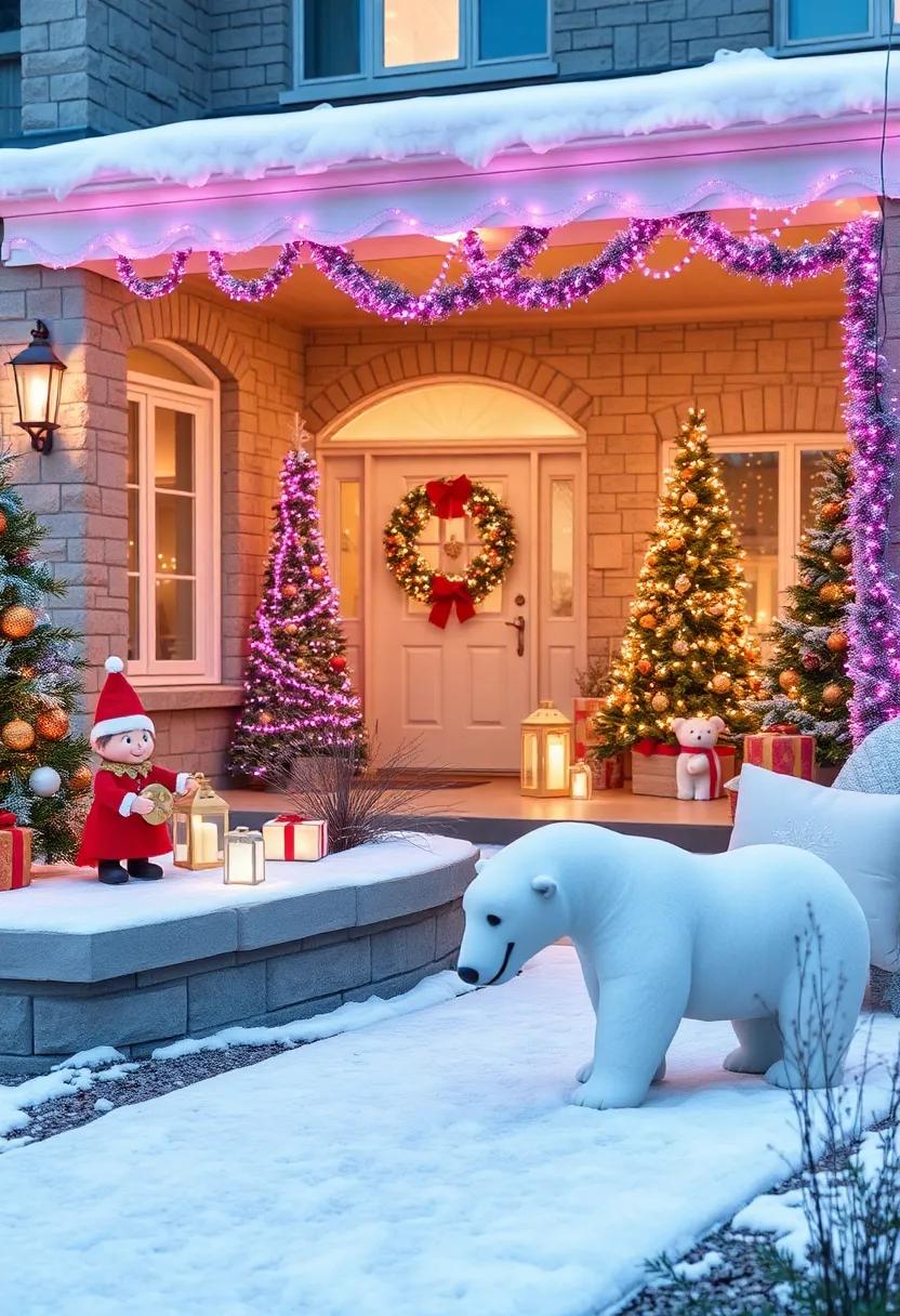 Jolly Elves and Cheerful Polar Bears Intermixed with Soft Purple and Silver String Lights