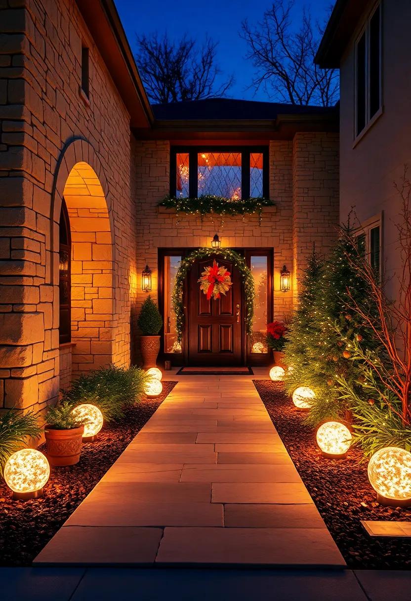 Magical Light Domes Lining the Front Garden Pathway Creating a Warm and Inviting Entryway