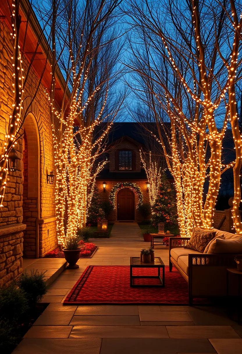 Festive Twinkling Strings Woven Through Row of Leafless Trees Creating a Magical Winter Tunnel