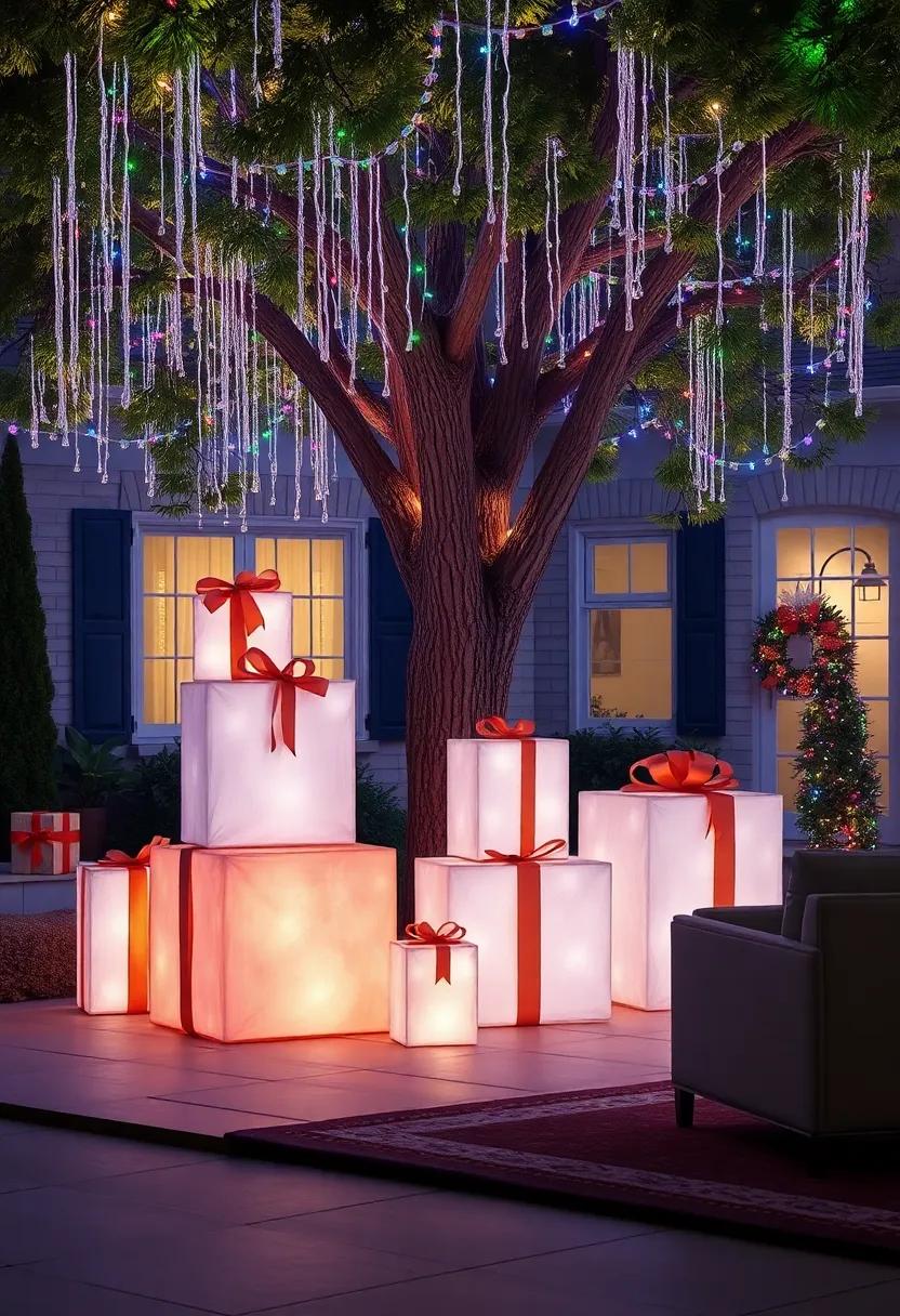 Oversized Luminous Gift Boxes Stacked Underneath a Tree with Cascading Multicolor Fairy Lights