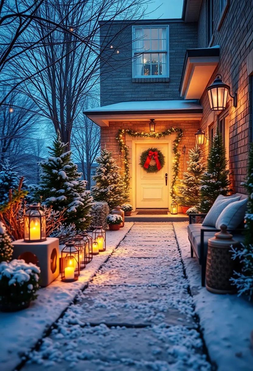 Enchanting Front Yard Scene of Lantern-Lit Path and Fallen Snow Illuminated by Soft Warm Glows