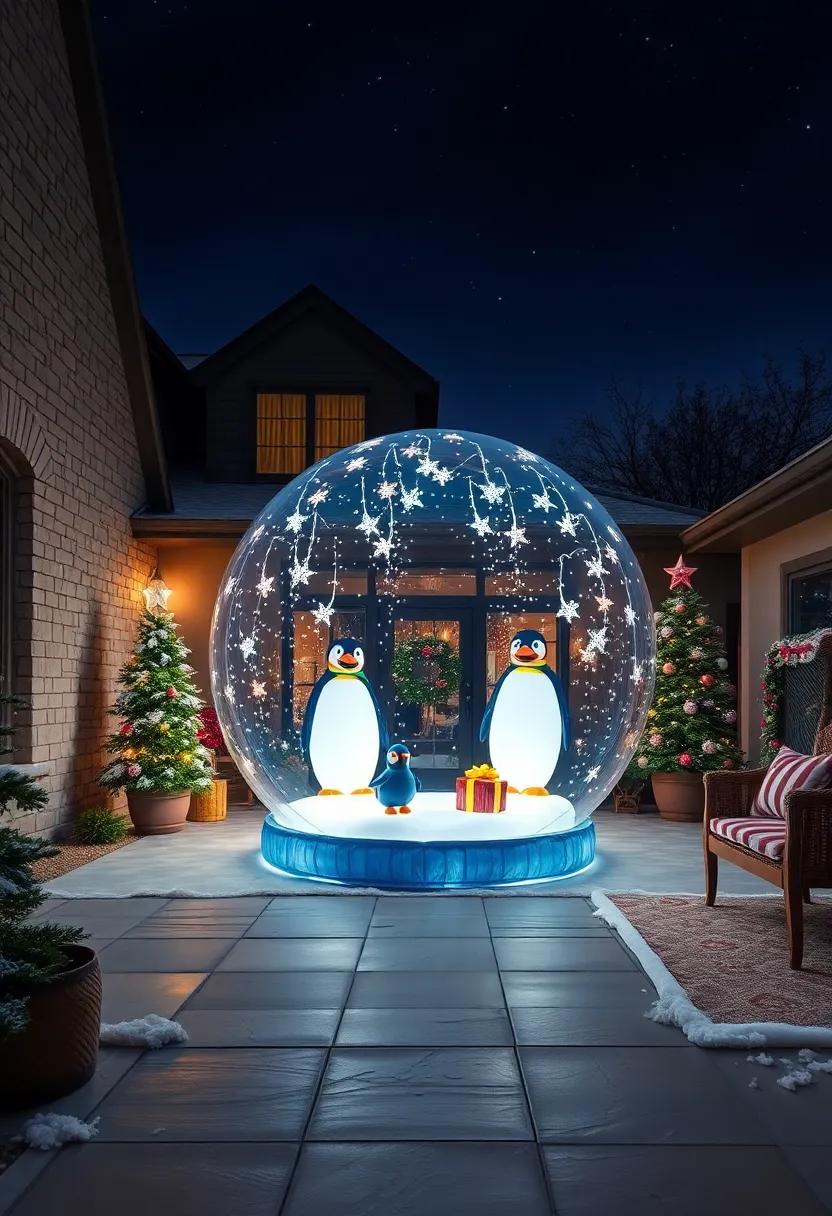 Giant Inflatable Snow Globe Featuring Dancing Penguins and Sparkling Snowflakes Under Night Sky