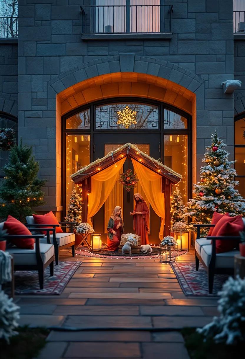 Magnificent Nativity Scene Illuminated with Soft Amber Lights, Surrounded by Frosted Holly and Pine