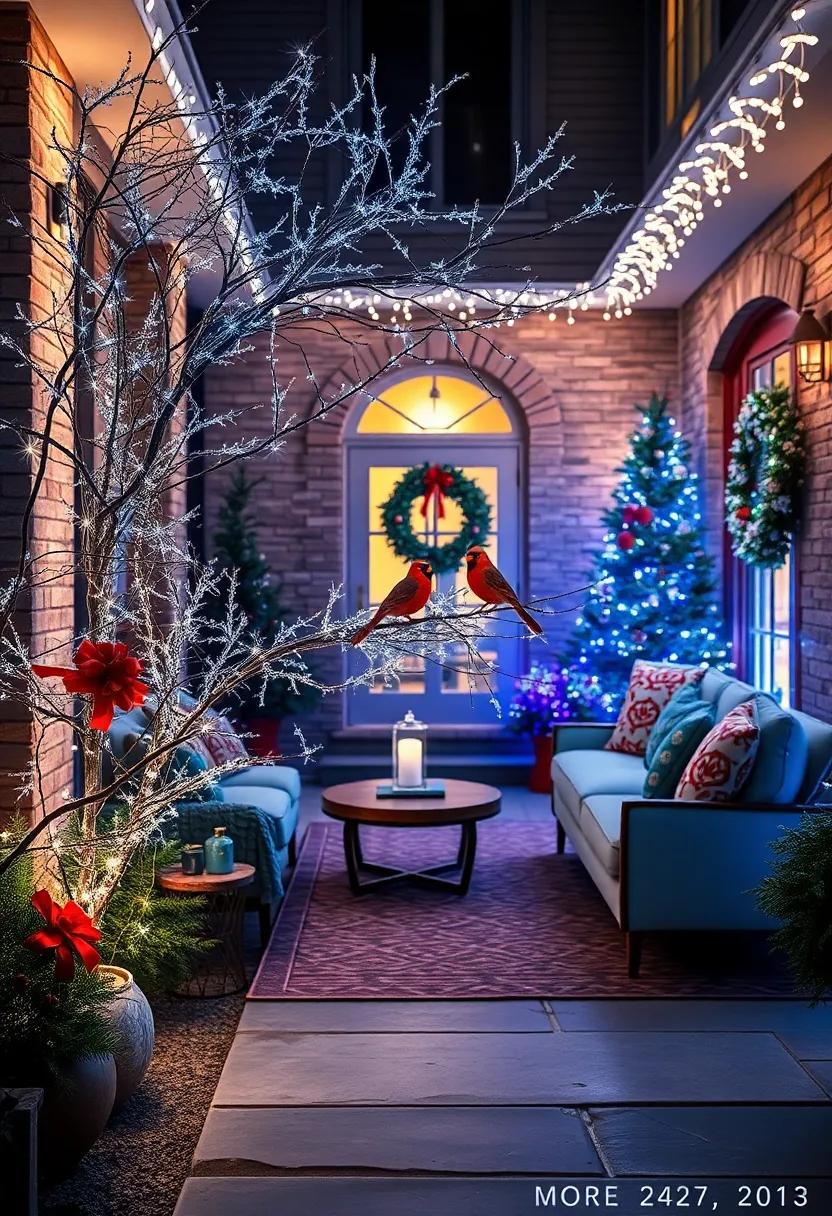 Cheerful Red Cardinals Nesting in Twinkling Branches, Surrounded by Icy Blue and White Lights