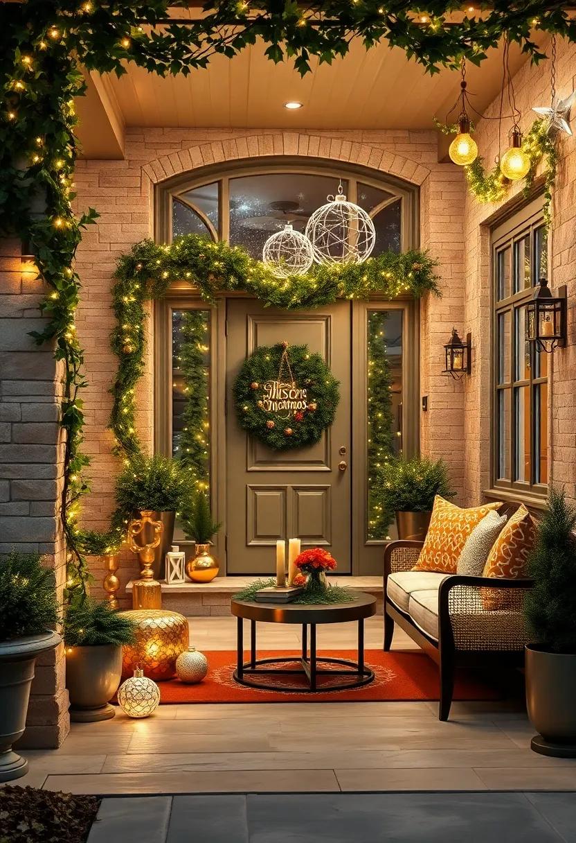 Elegant Gold and Silver Baubles Reflecting Soft Light Within Draped Ivy and Twinkle String Accents