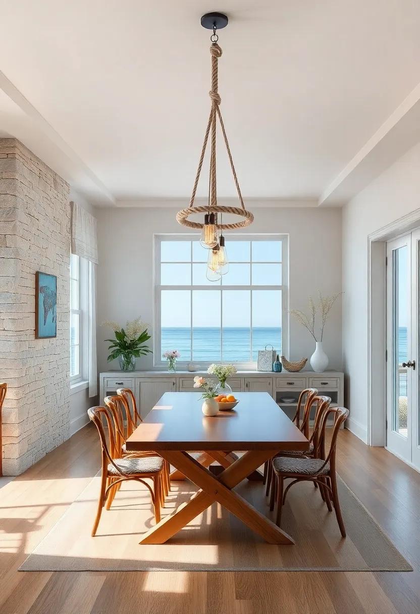 Coastal-Inspired Chandelier Featuring Nautical Rope and Edison Bulbs Hanging Over the Dining Table