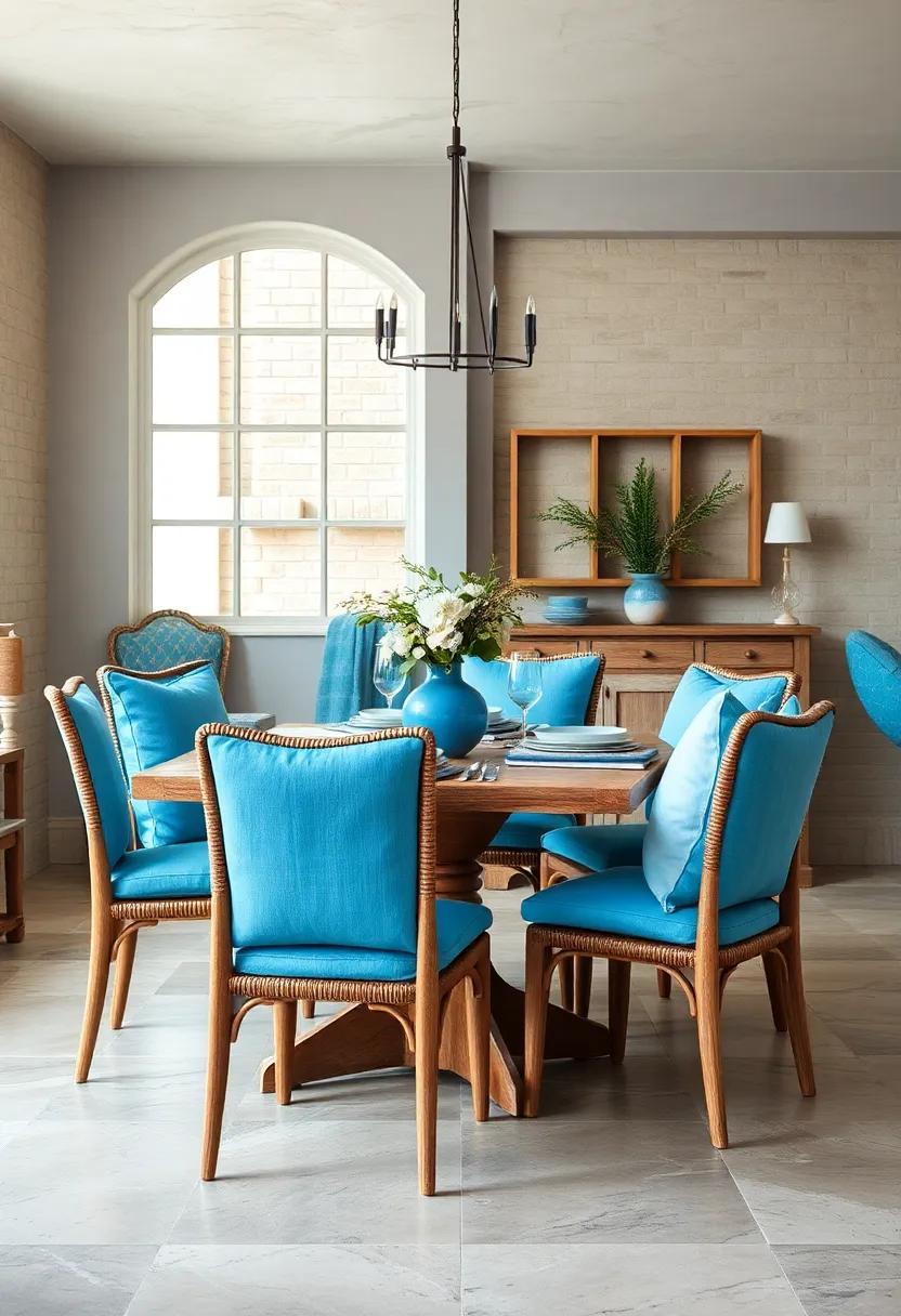 Soft Blue Cushions and Throw Pillows Adding Comfort and Inviting Breezy Blues to Dining Chairs