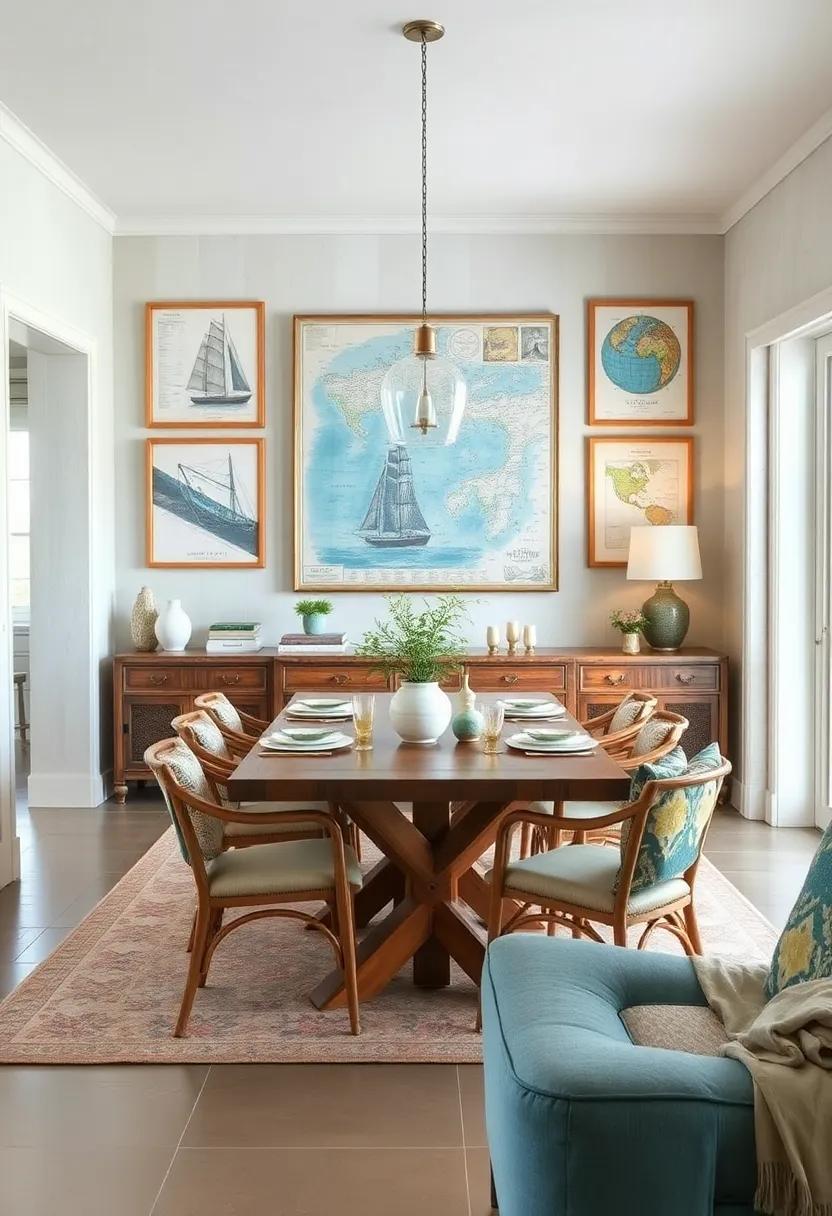 Vintage Coastal Prints and Maps Framing the Space with Nautical History and Adventure Motifs