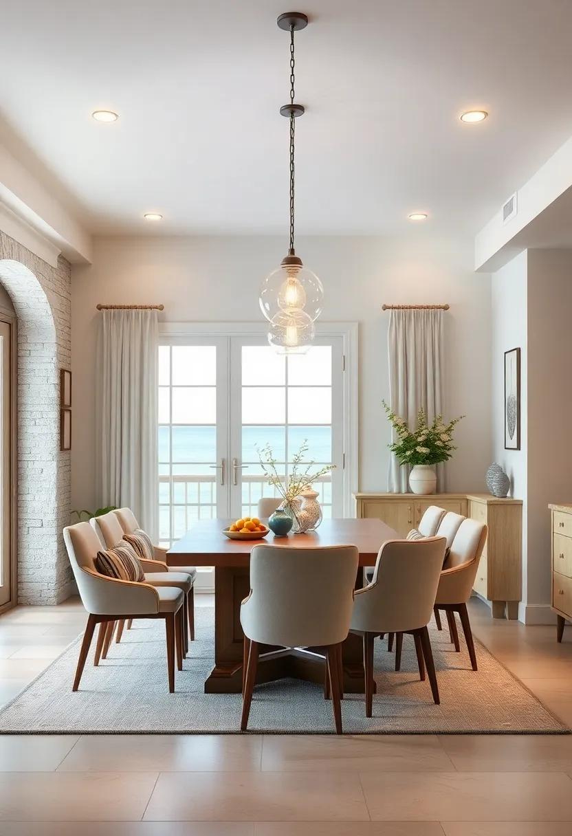 Glass Pendant Lights with Sea Glass Details Casting a Soft, Warm Glow Over a Nautical-Inspired Dining Room