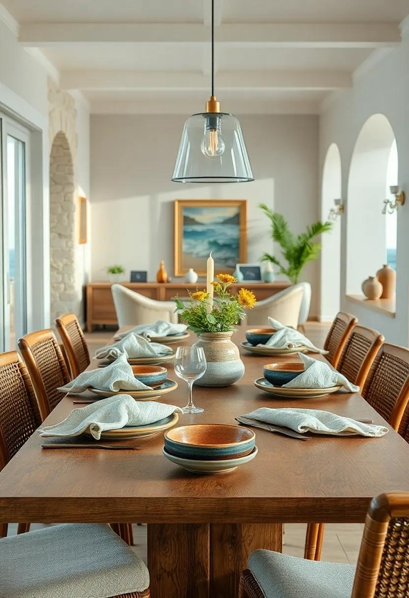 Textured Linen Napkins Paired with Handmade Pottery Dishes Reflecting the Calm Sands and Ocean Waves