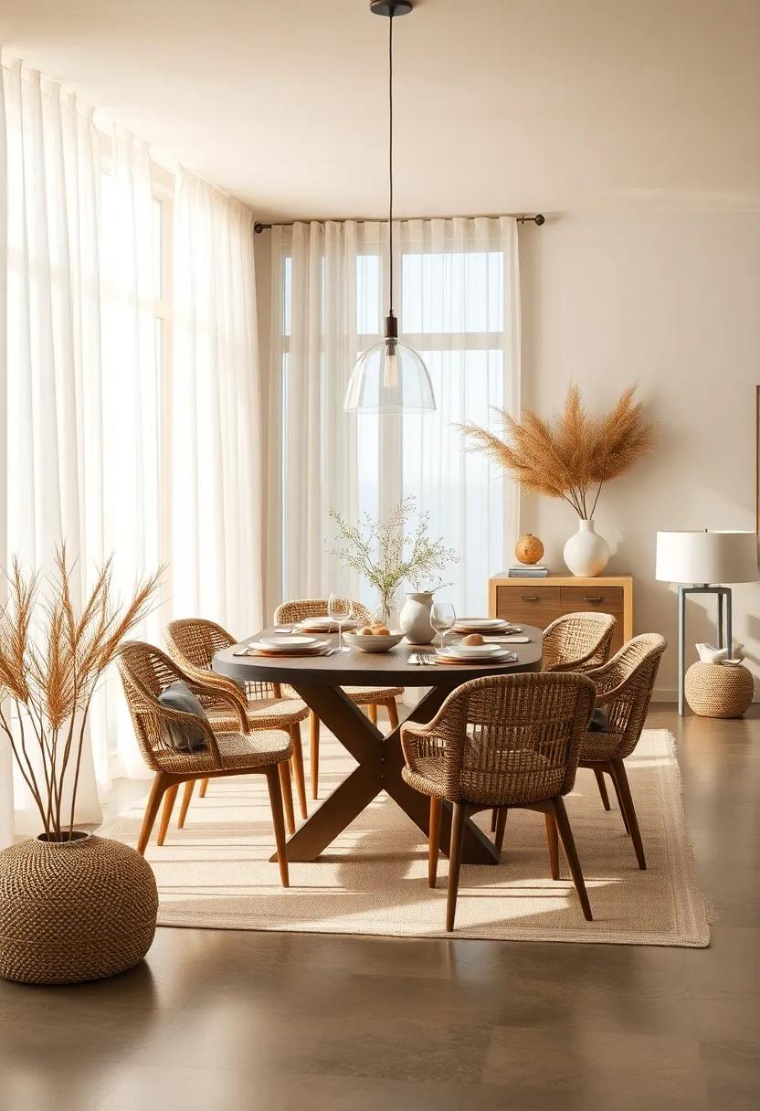 Lightweight Sheer Curtains Flowing Gently in a Sunlit Coastal Dining Space Filled with Seagrass Accents