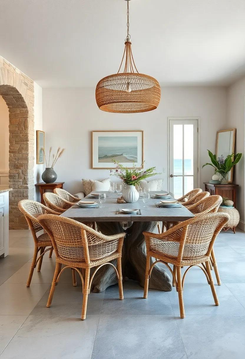 Rustic Driftwood Dining Table Surrounded by Woven Rattan Chairs Creating a Natural Beachfront Ambiance