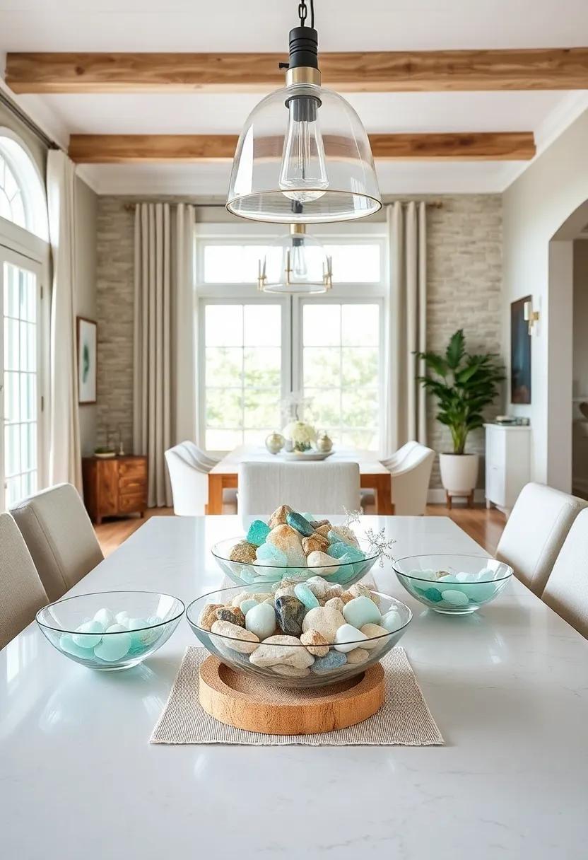Sea Glass and Pebble Decorative Bowls Centering the Table with Natural Coastal Gems and Sparkle