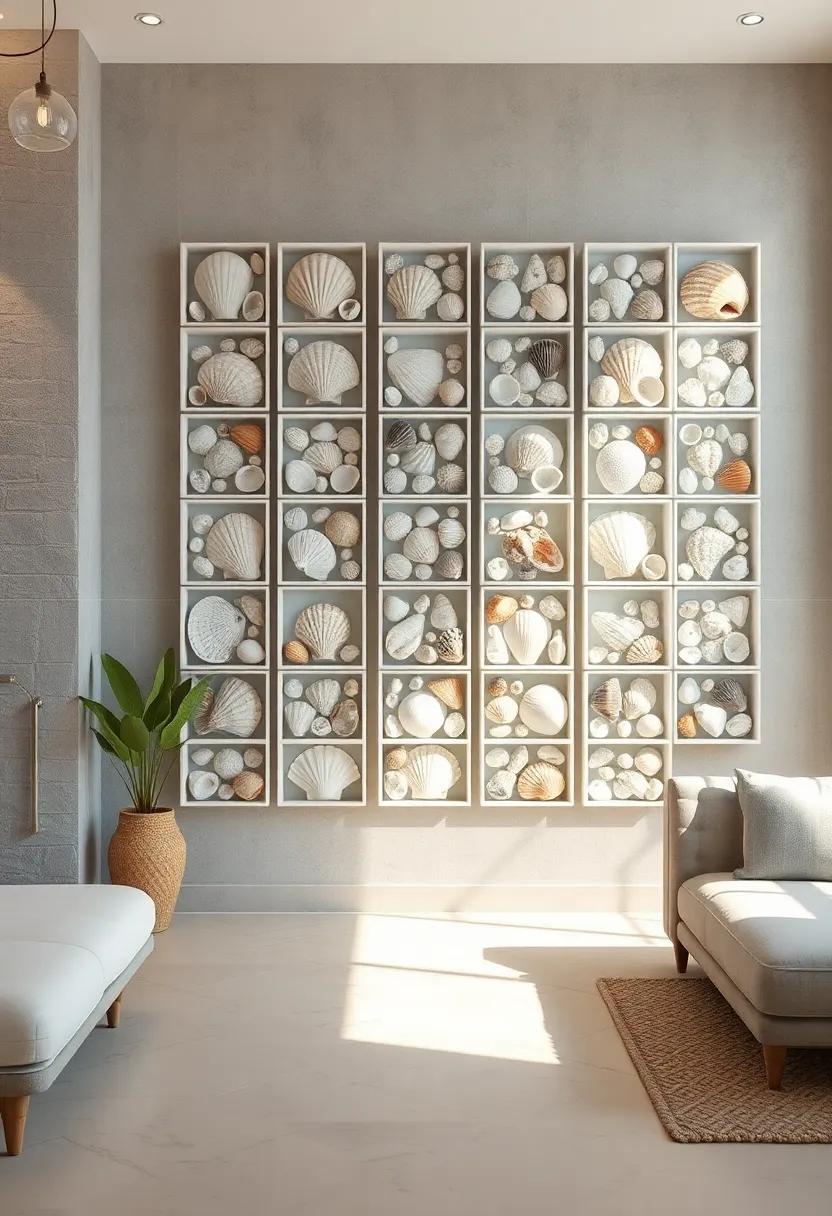 Softly Lit Seashell Collections Arrayed in Artistic Grids Capturing Nature's Intricate Textures and Hues