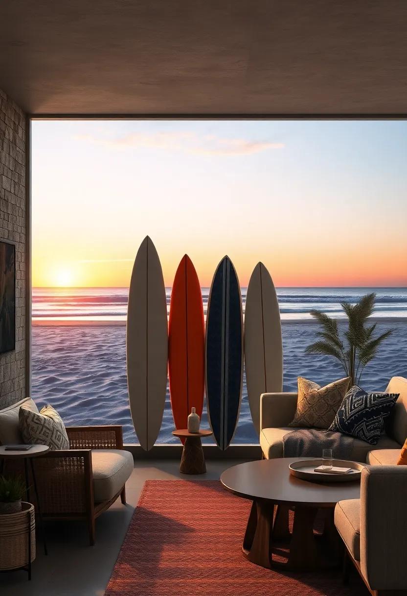 Sunset Silhouettes of Surfboards Leaning Along Sandy Shores Highlighting Laid-Back Beach Culture
