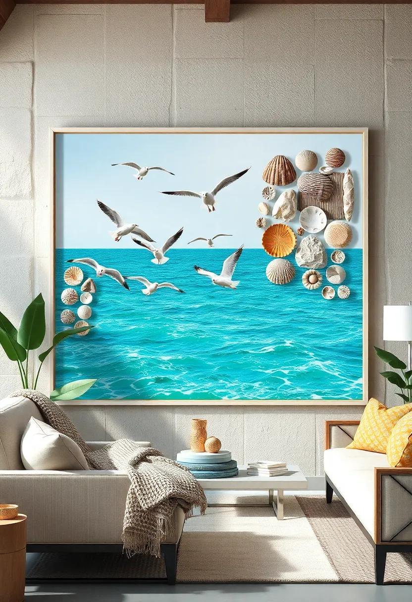 Seagulls in Flight Over Turquoise Waters Framed Among Textured Shell Collages for a Dynamic Display
