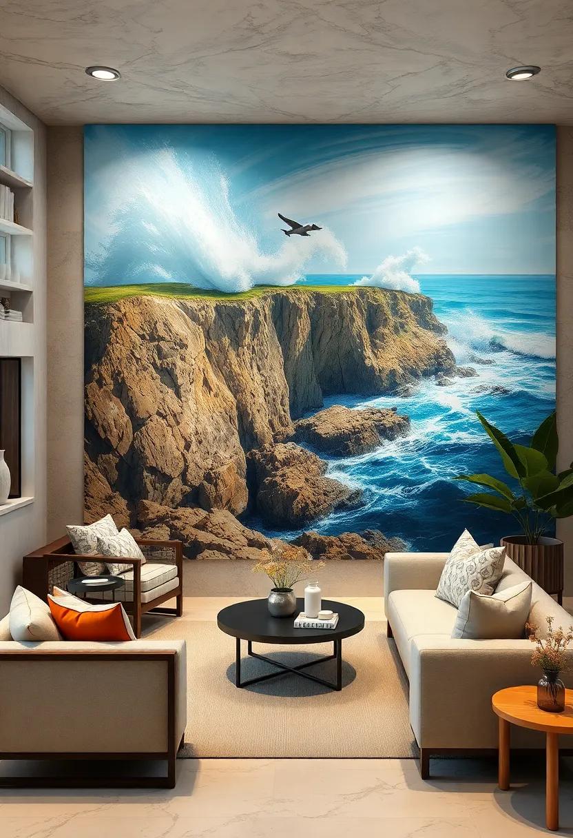 Dramatic Cliffs with Crashing Waves Illustrated in Bold Brushstrokes Creating Powerful Beach Mood