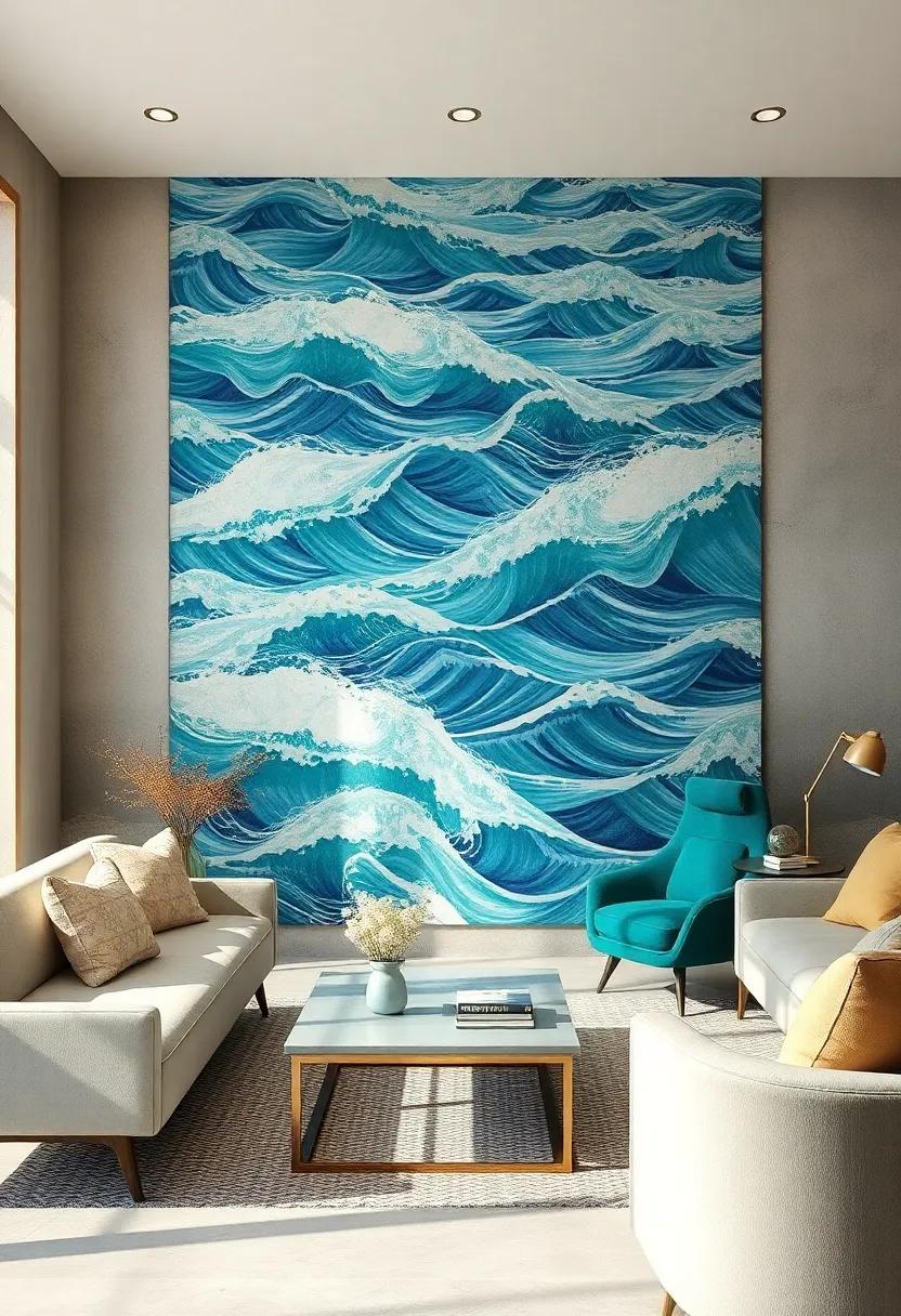 Rhythmic Ocean Wave Patterns Crafted with Metallic Inks Offering a Modern Twist on Timeless Themes