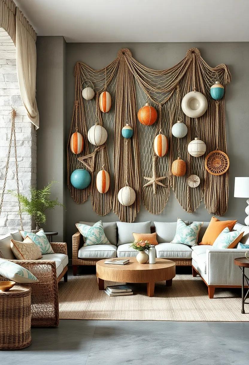 Rustic Fishing Nets and Buoy Sculptures Intertwined with Coastal Colors to Evoke Seaside Stories