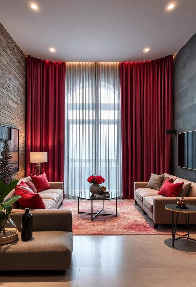 Sculpted Velvet Curtains in Deep Hues Enhancing the Depth and Glamour of a Luxe Apartment Space