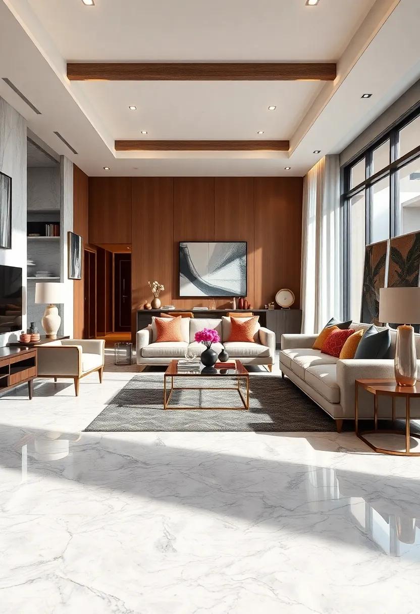 Polished Marble Flooring with Subtle Veined Patterns Enhancing a Glamorous Apartment Interior