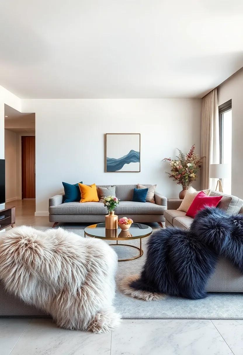 Luxe Faux Fur Throws and Pillows Adding Texture and Elegance to a Modern Glam Apartment Lounge