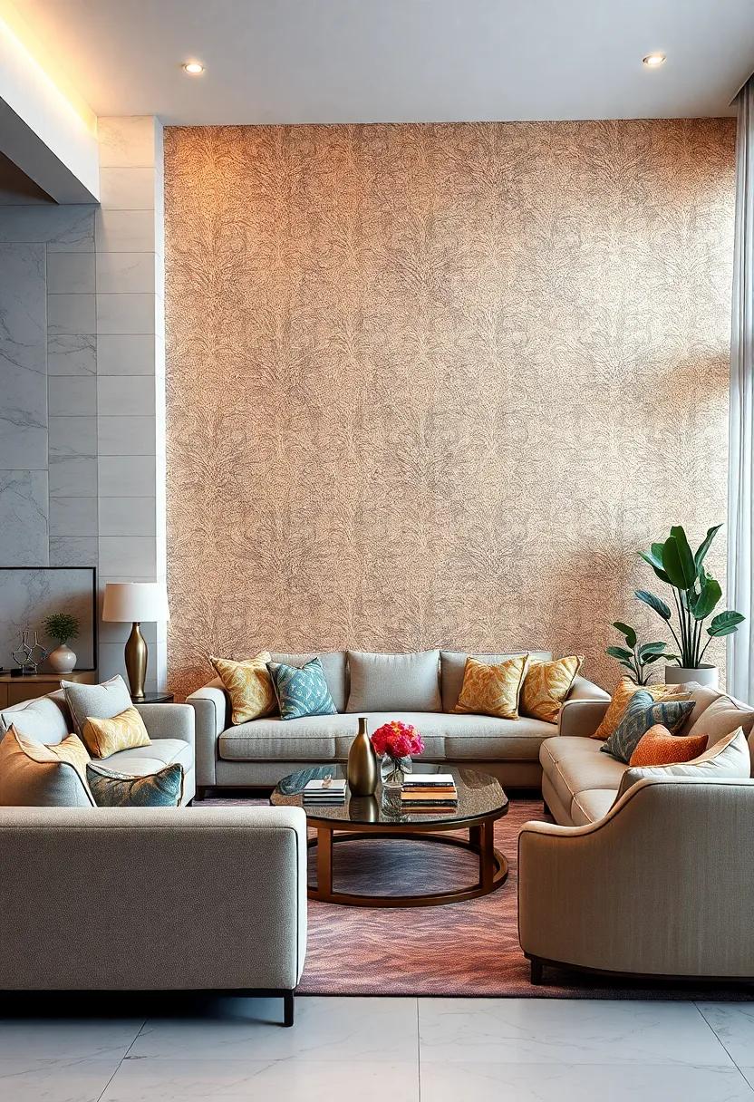 Shimmering Metallic Wallpaper Featuring Floral Motifs to Heighten Sophistication in a Living Room