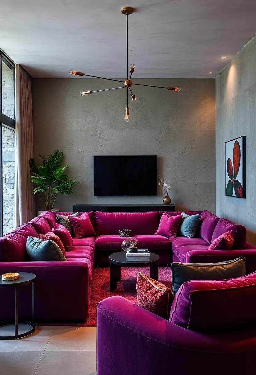 Plush Velvet Sofas in Jewel Tones Infused With Soft Glow Lighting for Glamorous Comfort
