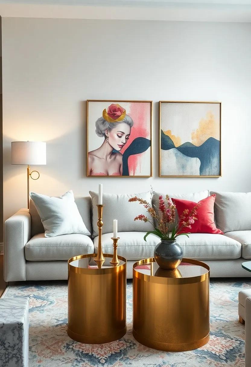 Sleek Gold and Silver Side Tables Paired With Contemporary Art for Stylish Glam Ambiance