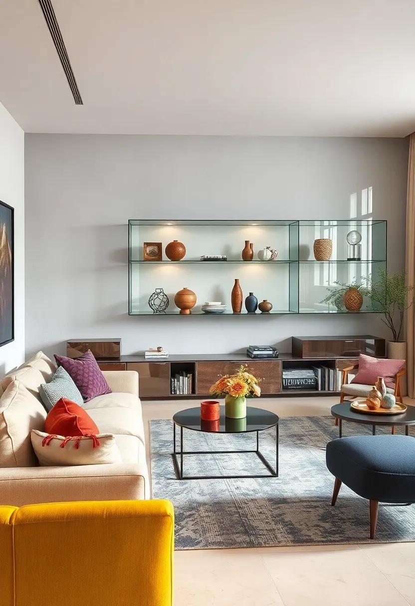 Reflective Glass Shelves Displaying Curated Artifacts Amplifying the Modern Glam Living Room Vibe