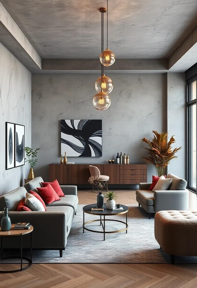 Bold Abstract Art with Metallic Foils Complementing a Chic and Glowing Apartment Living Room