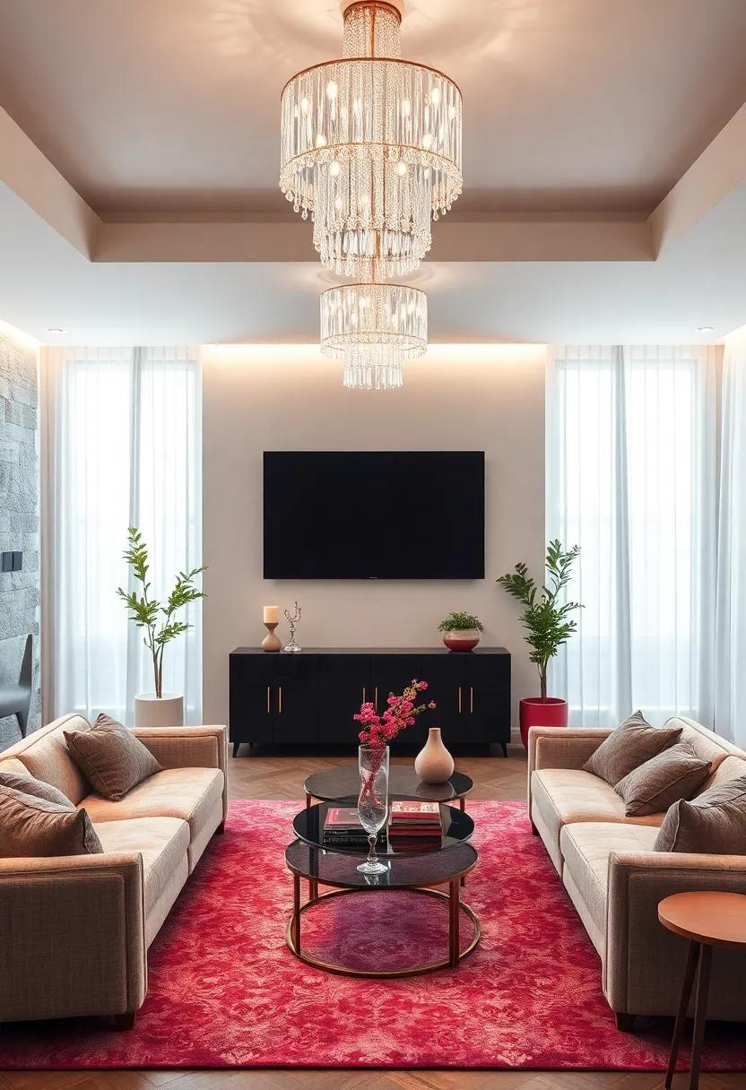 Glistening Crystal Chandeliers Casting Dazzling Patterns Across Chic Glam Apartment Spaces