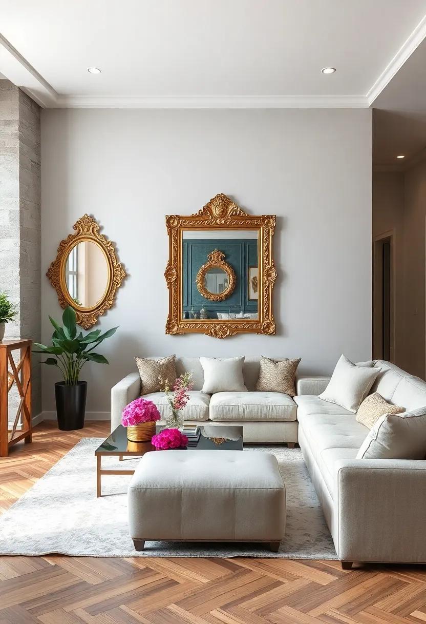 Ornate Metallic Framed Mirrors Doubling Light and Visual Space in Contemporary Glam Apartment Living Areas