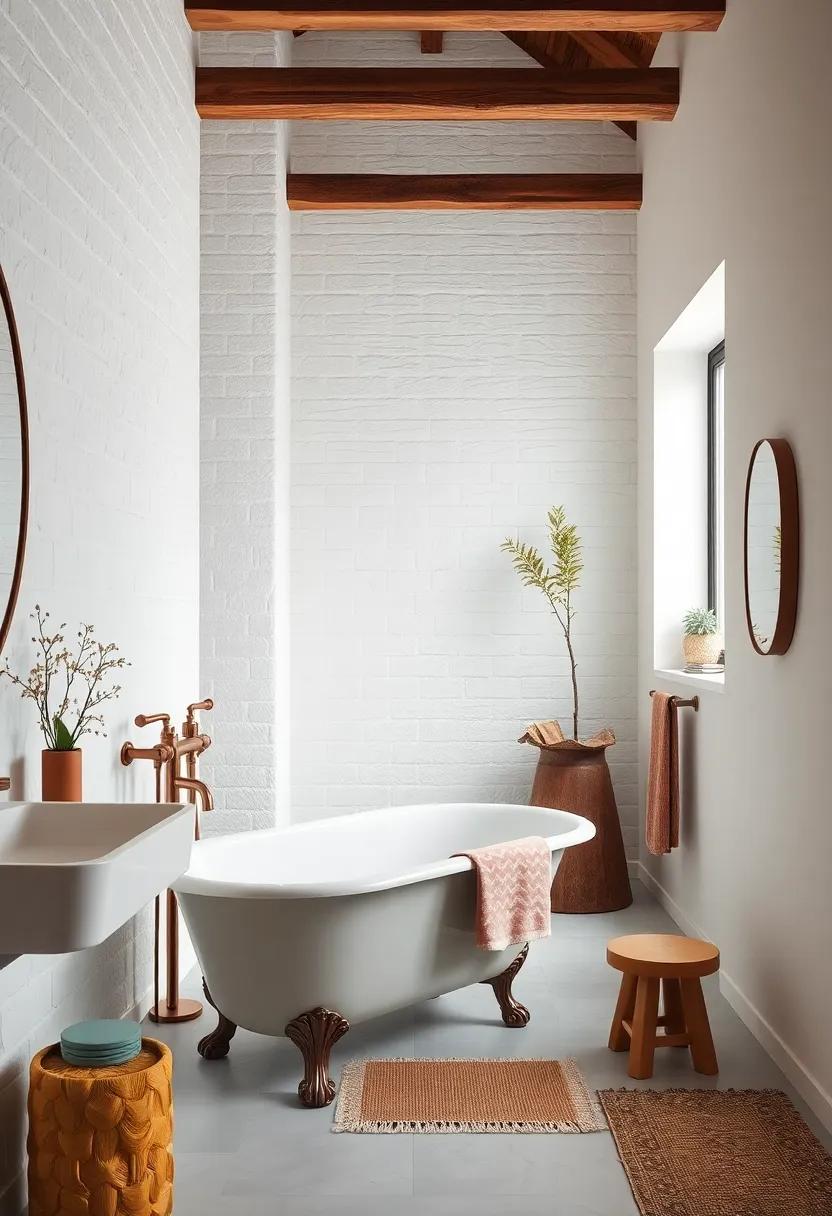 Aged Copper Faucet Accents Elevated by Textured White Walls and a Classic Clawfoot Bathtub