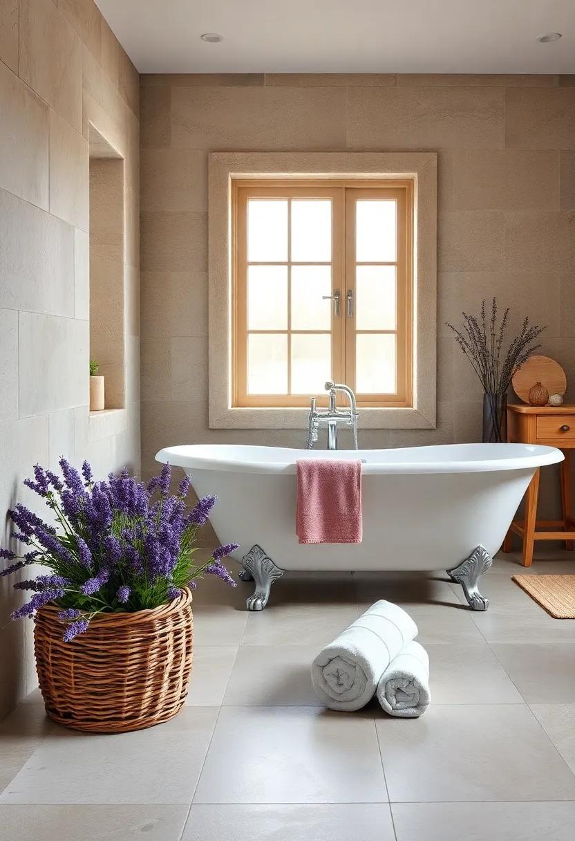 Baskets of Freshly Picked Lavender and Chamomile Positioned Near a Rolled Towel Stack Beside a Clawfoot Tub