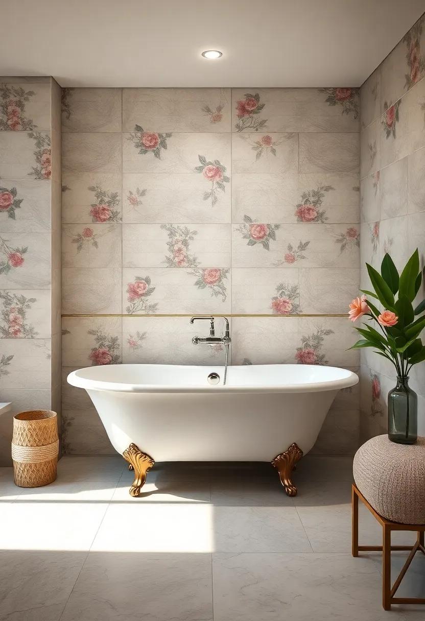 Decorative Porcelain Tiles with Floral Motifs Highlighting the Timelessness of a White Clawfoot Tub