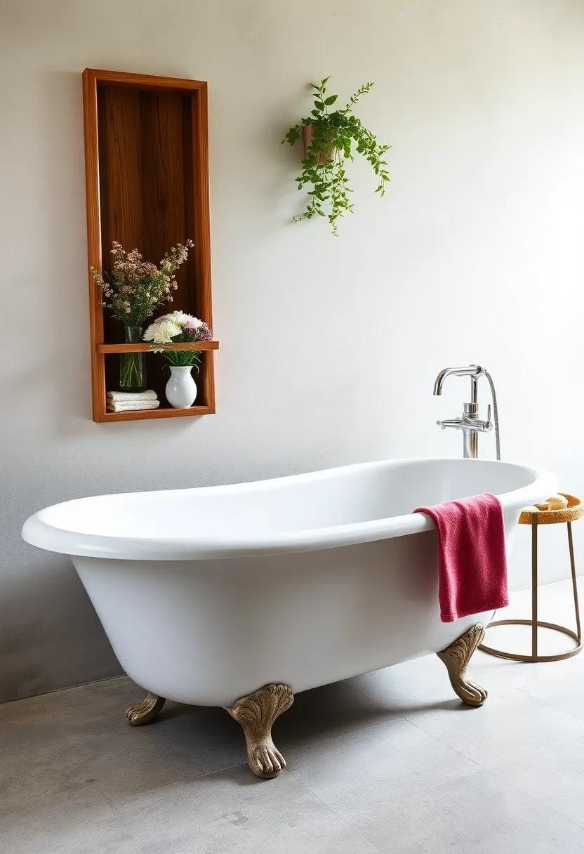 Delicate Wildflower Arrangements Placed on Antique Wooden Shelves Beside a Softly Curved Clawfoot Tub