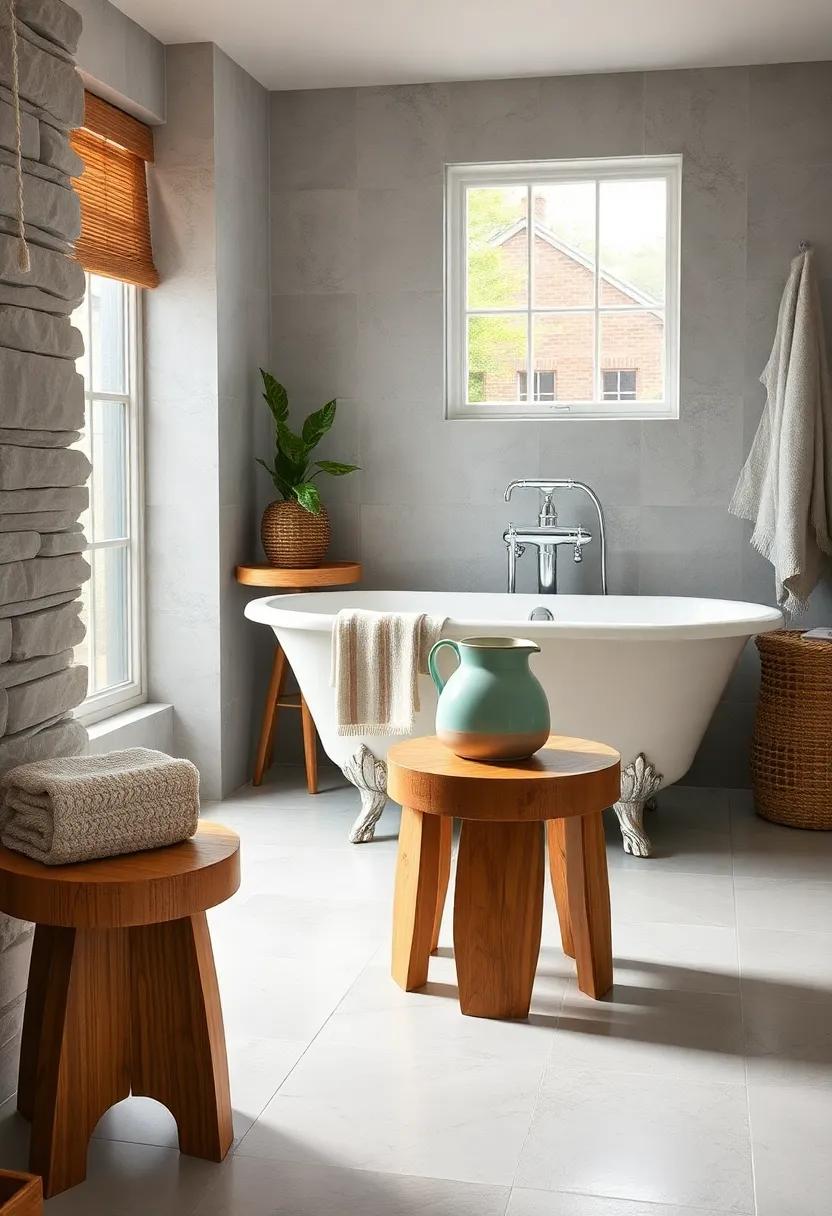 Handcrafted Wooden Stool Holding a Ceramic Pitcher Next to a Classic Clawfoot Bath Amidst Cottagecore Charm