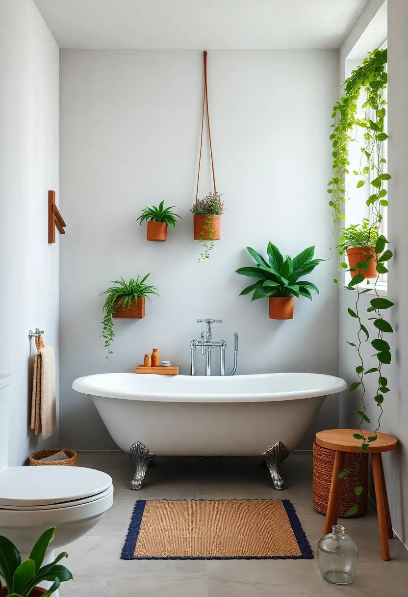 Lush Greenery Cascading from Wall Planters to Frame a Tranquil Bathroom Scene with a Vintage Clawfoot Tub