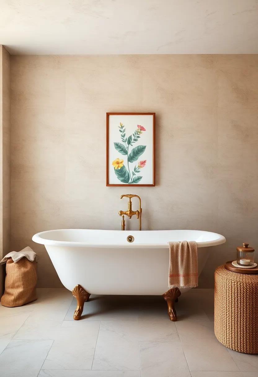 Muted Earth Tones and Botanical Prints Creating a Cozy Ambiance Around a Freestanding Clawfoot Tub