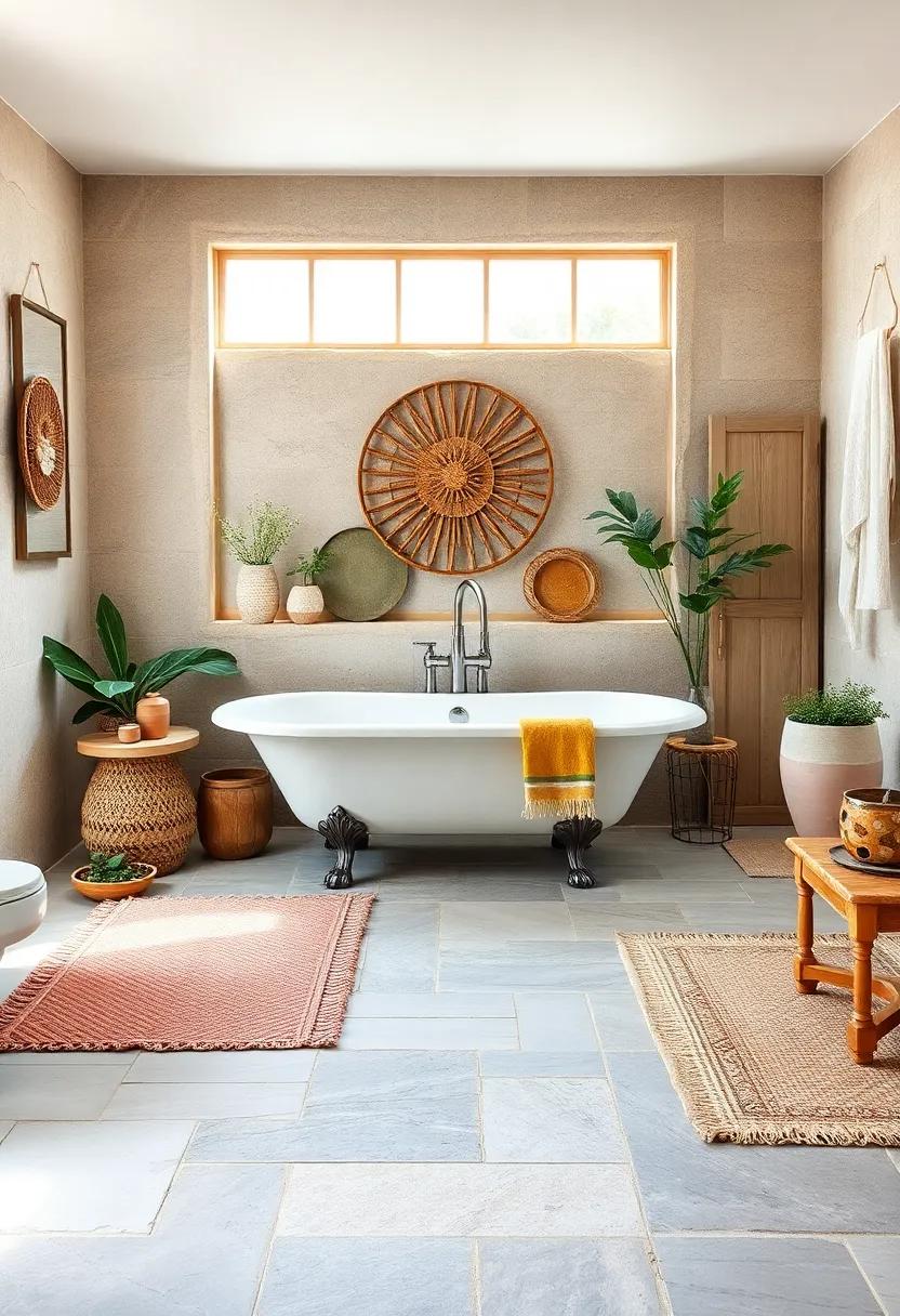 Natural Stone Floor with Handwoven Rugs Framing a Clawfoot Tub Surrounded by Garden-Inspired Decor