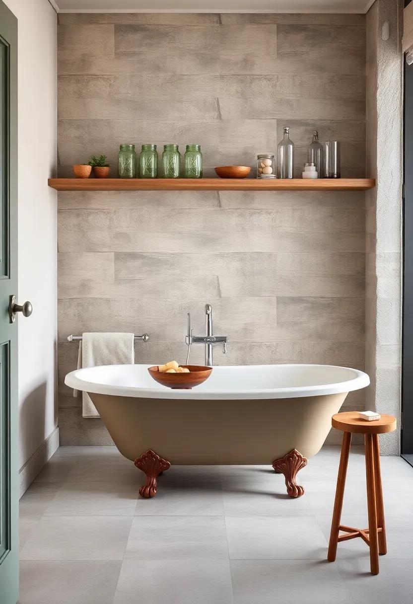 Open Shelving Featuring Mason Jar Storage and Antique Soap Dishes Surrounding a Vintage Clawfoot Tub